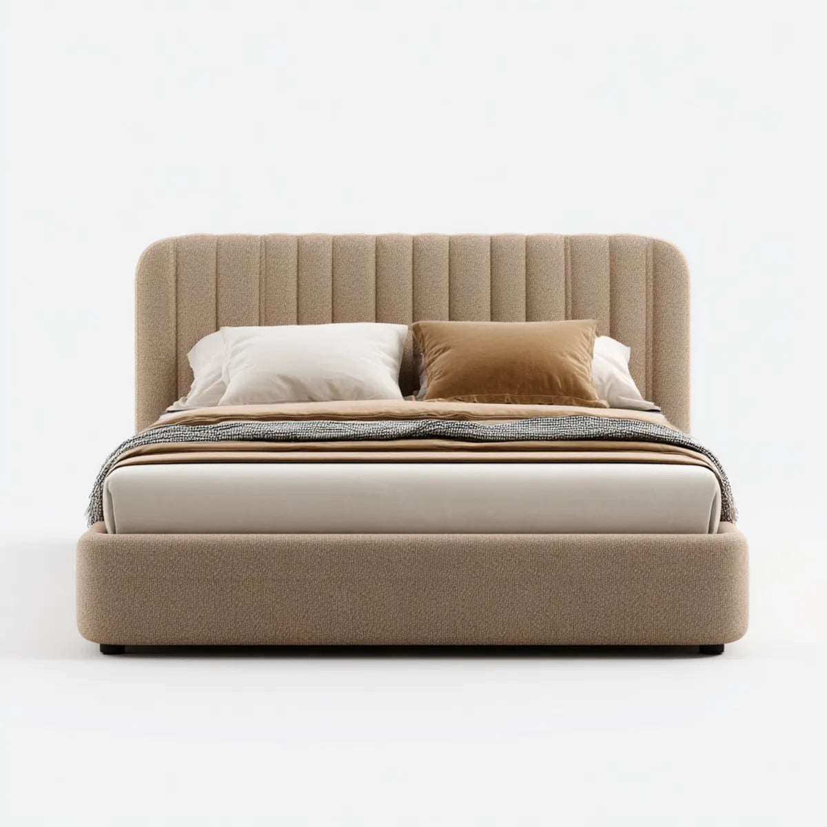Lit double capitonné beige 160 x 200 cm en polyester avec tête de lit arrondie