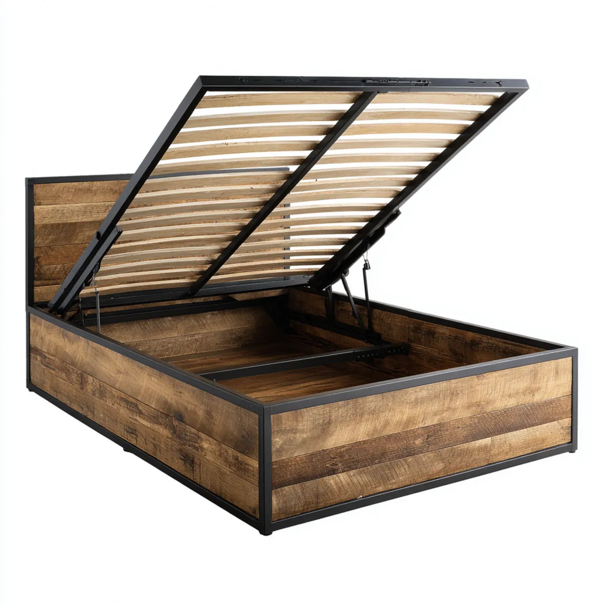 Lit coffre 160 x 200 cm marron rustique et noir en bois de récupération massif et acier rectangulaire