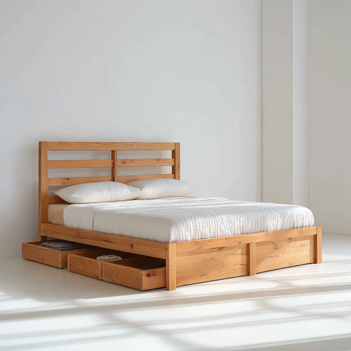 Lit double avec rangement 160 x 200 cm en pin massif naturel rectangulaire