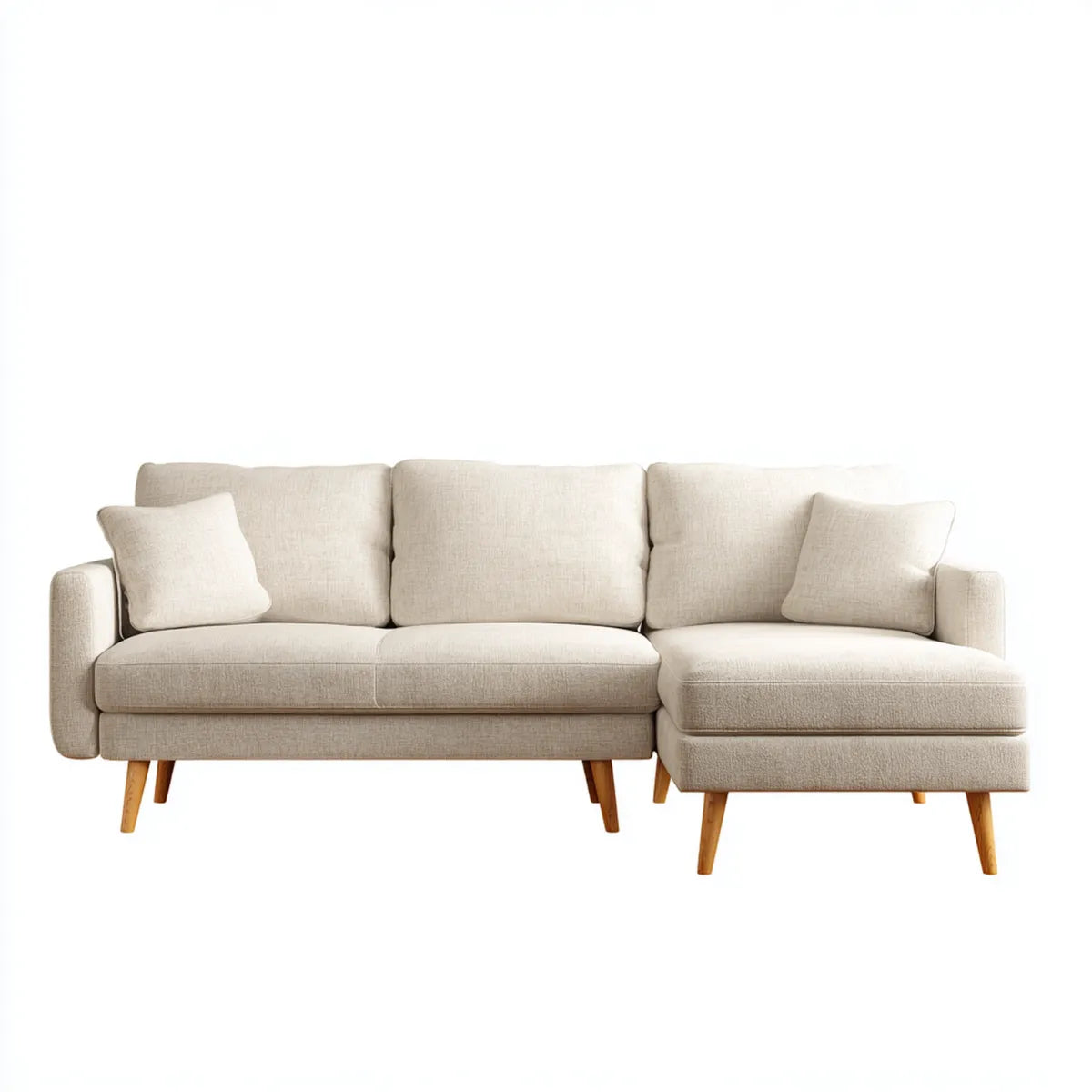 Canapé d'angle 3 places beige avec méridienne droite 230 x 150 x 85 cm en polyester et bois massif d'hévéa