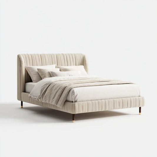 Lit double 160 x 200 cm beige en polyester capitonné à tête de lit arrondie
