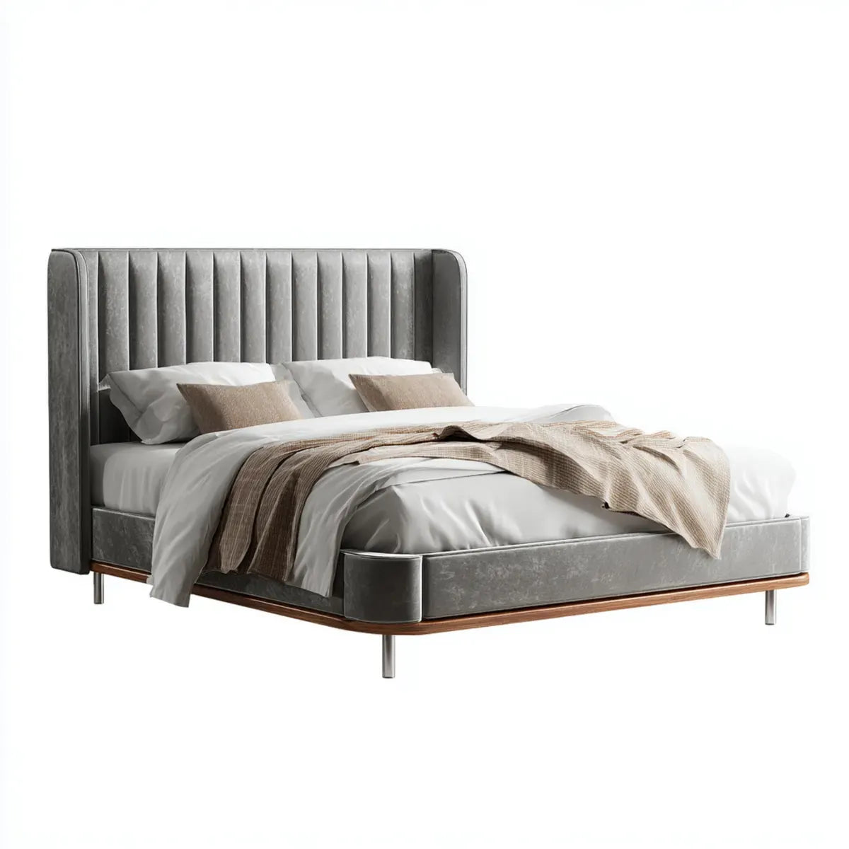 Lit double gris en velours polyester rectangulaire 160 x 200 cm avec tête de lit capitonnée