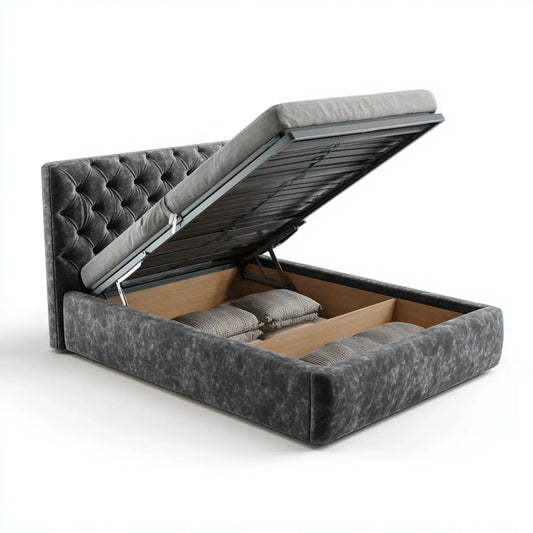 Lit coffre 160 x 200 cm gris anthracite en velours polyester avec tête de lit capitonnée rectangulaire