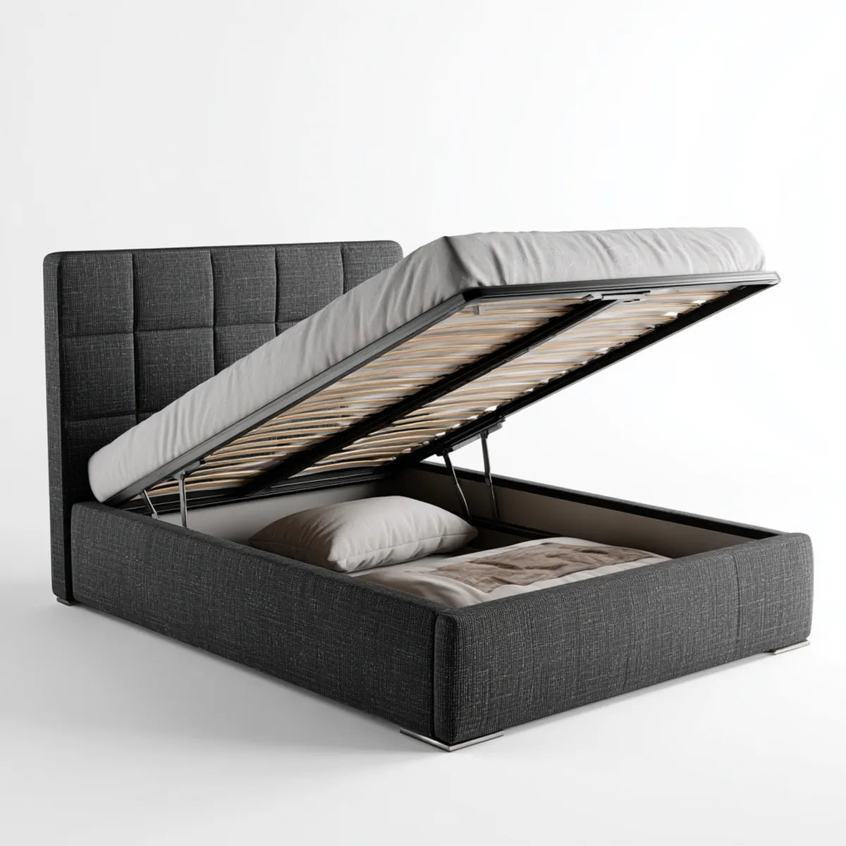 Lit coffre 160 x 200 cm gris anthracite avec tête de lit capitonnée et sommier relevable en polyester