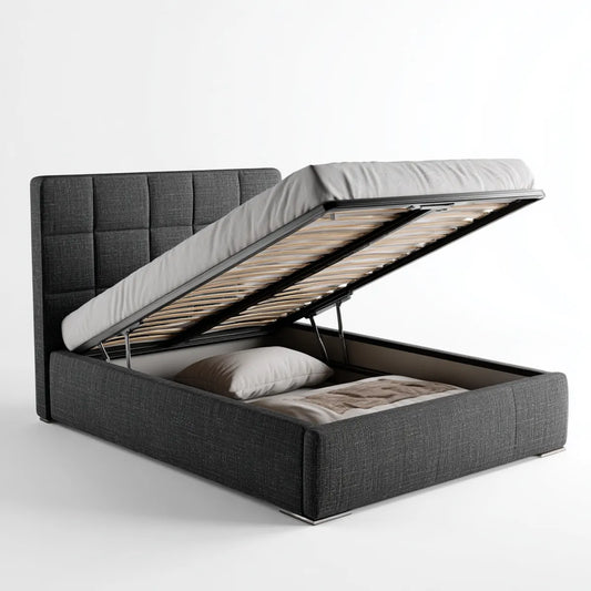 Lit coffre 160 x 200 cm gris anthracite avec tête de lit capitonnée et sommier relevable en polyester
