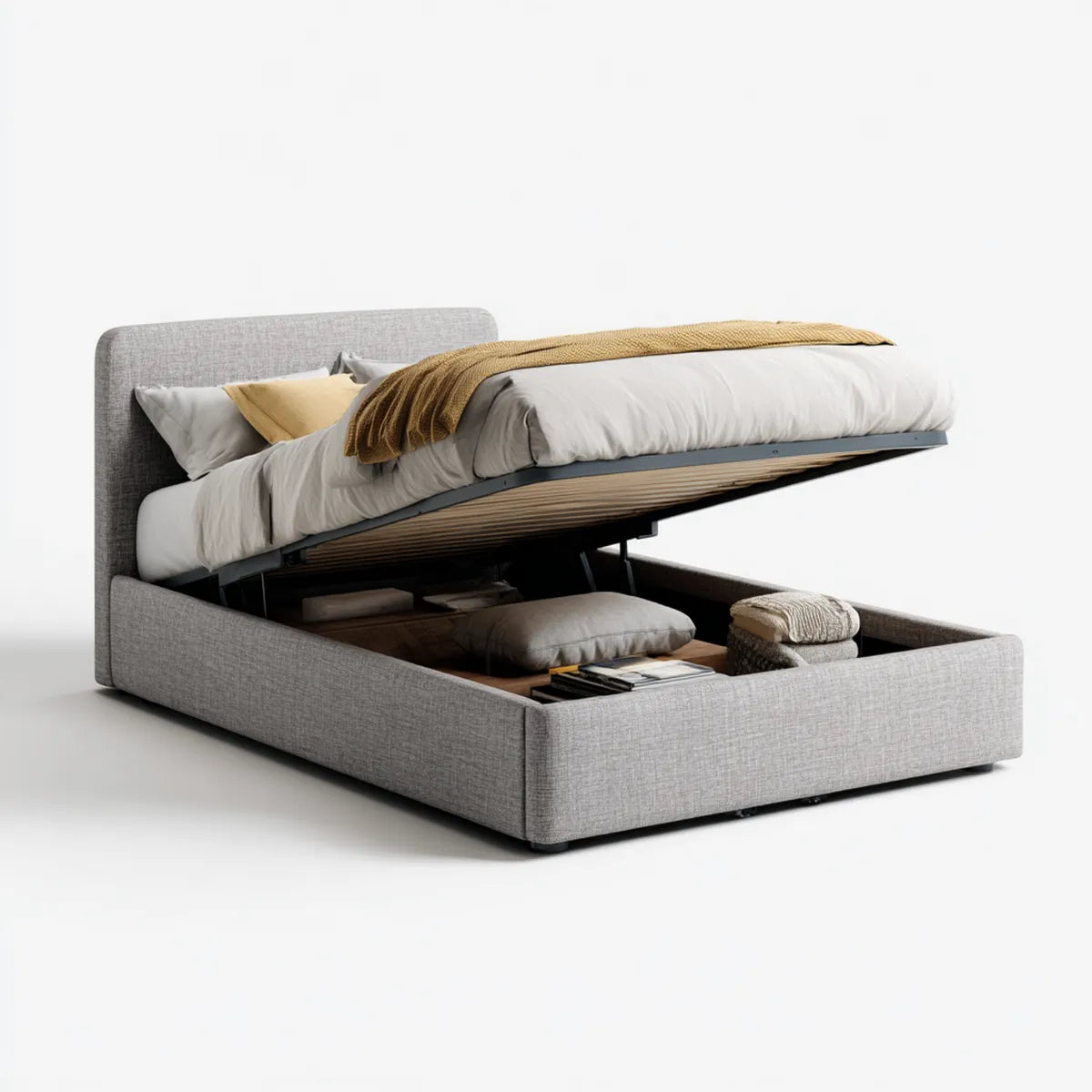 Lit coffre relevable gris 160 x 200 cm en polyester avec tête de lit rectangulaire