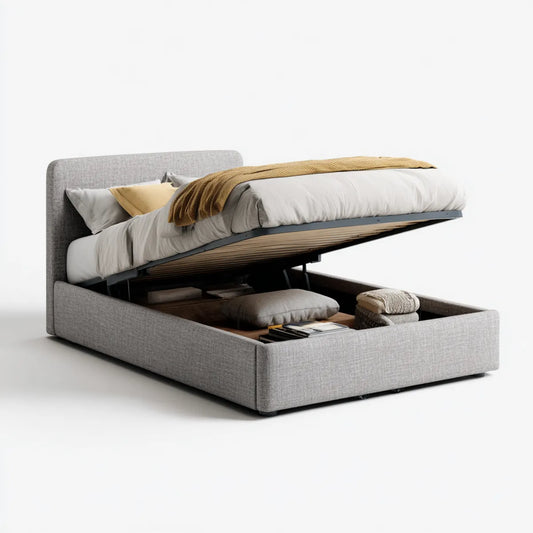 Lit coffre relevable gris 160 x 200 cm en polyester avec tête de lit rectangulaire