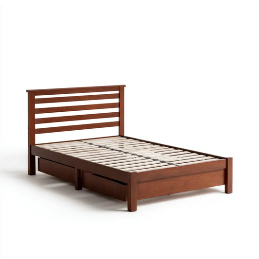 Lit double avec rangement marron 140 x 190 cm en bois massif d'hévéa rectangulaire