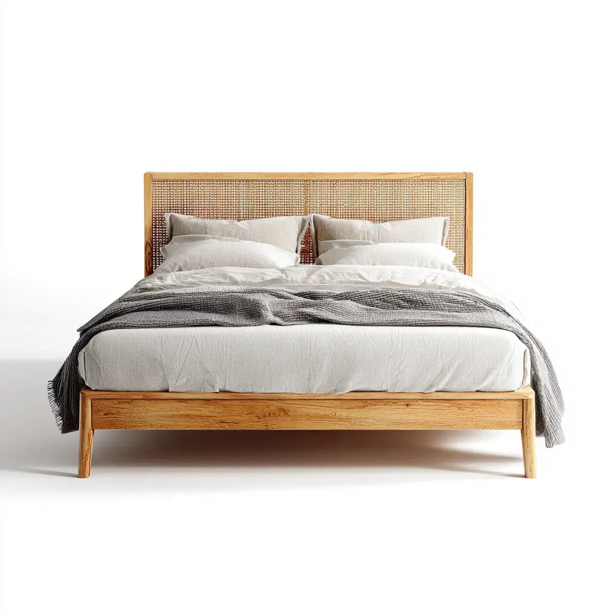 Lit double 160 x 200 cm naturel en bois massif avec tête de lit en cannage rectangulaire
