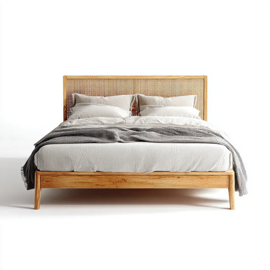 Lit double 160 x 200 cm naturel en bois massif avec tête de lit en cannage rectangulaire