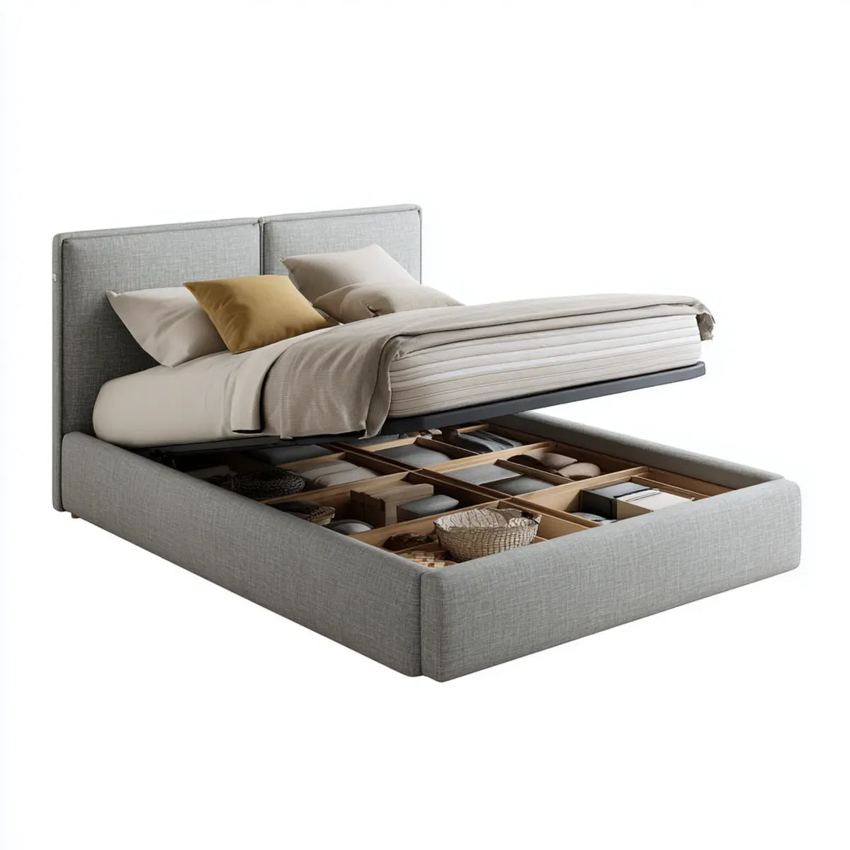 Lit coffre relevable gris 160 x 200 cm en polyester rectangulaire