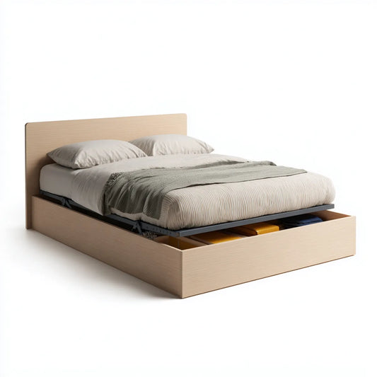 Lit coffre double beige effet chêne 160 x 200 cm en panneaux de particules mélaminés rectangulaire